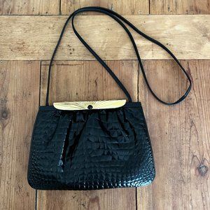 SUSAN GAIL Black Patent Leather / faux alligator / gold metal clasp and hardware